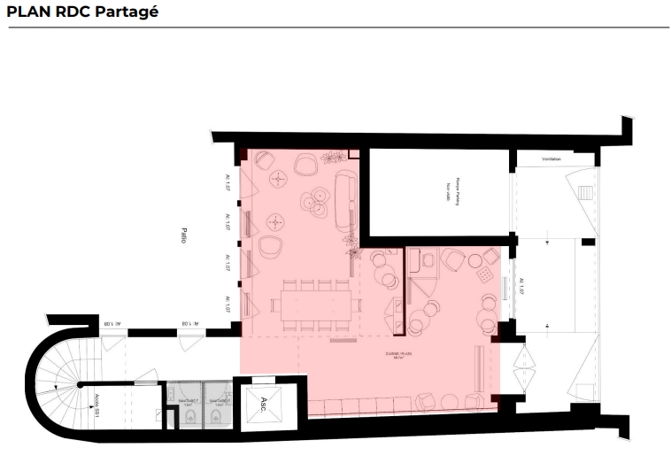 Bureaux à louer Saint-Augustin (Métro ligne 9) de 592m² Plan rez-de-chausée (espaces de vie communs)